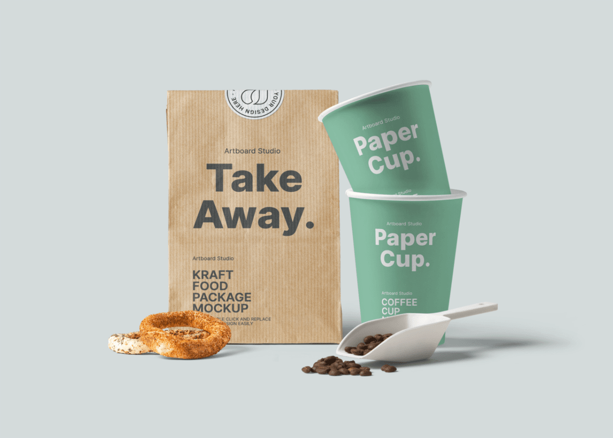 Kraft paper take away food packaging mockup to showcase your take away food packaging design in a photorealistic look. Kraft Paper Bag And Paper Cup Mockup Template