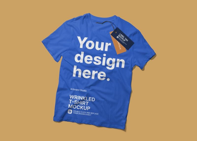 Stitched inner label mockup psd with editable design and color. Wrinkled T Shirt With Rectangle Label Tag Mockup Template