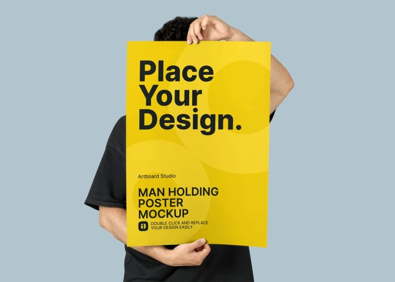 Showcase your poster designs with this great mockup: Man Holding Poster Flyer Mockup Template