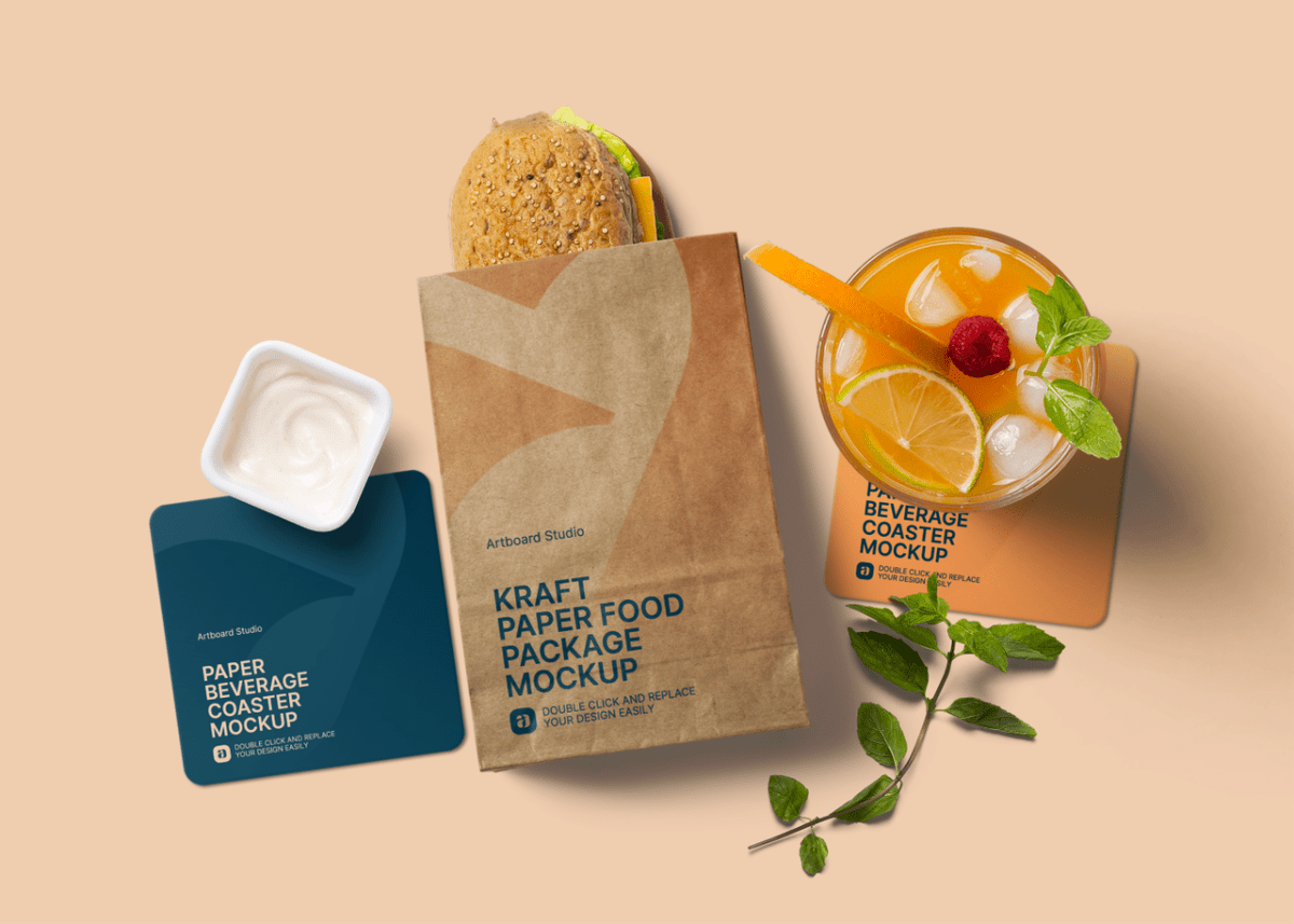 Here is a great free food and beverages mockup psd that can be helpful. Kraft Paper Food Package Mockup Scene